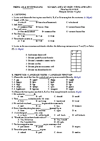 Bài khảo sát chất lượng giữa kì I môn Tiếng Anh Lớp 9 - Năm học 2014-2015 - Phòng GD&ĐT Bình Giang (Có đáp án)