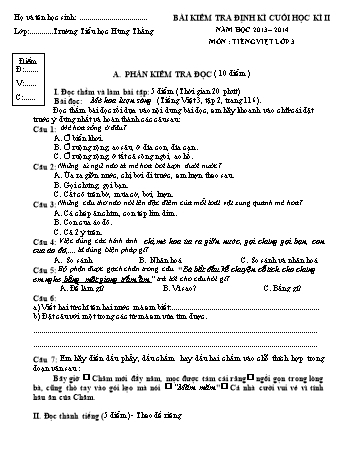 Bài kiểm tra định kì cuối học kì II môn Tiếng Việt Lớp 3 - Năm học 2013-2014 - Trường Tiểu học Hùng Thắng (Có đáp án)