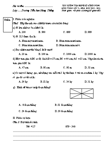 Bài kiểm tra định kì cuối năm môn Toán Lớp 2 - Năm học 2013-2014 - Trường Tiểu học Hùng Thắng (Có đáp án)