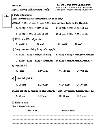 Bài kiểm tra định kì cuối năm môn Toán Lớp 3 - Năm học 2013-2014 - Trường Tiểu học Hùng Thắng (Có đáp án)