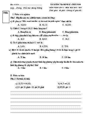 Bài kiểm tra định kì cuối năm môn Toán Lớp 5 - Năm học 2012-2013 - Trường Tiểu học Hùng Thắng
