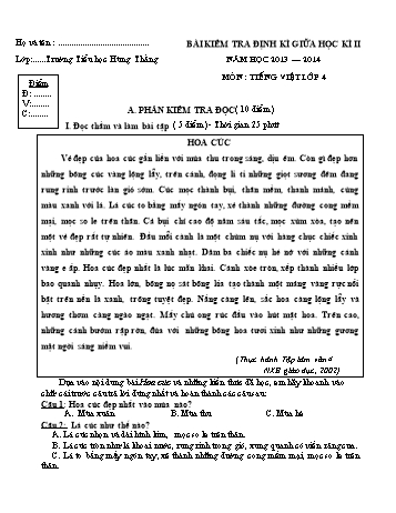 Bài kiểm tra định kì giữa kì II môn Tiếng Việt Lớp 4 - Năm học 2013-2014 - Trường Tiểu học Hùng Thắng (Có đáp án)