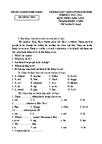 Đề khảo sát chất lượng đầu năm môn Tiếng Anh Lớp 6 - Năm học 2013-2014 - Phòng GD&ĐT Bình Giang (Có đáp án)