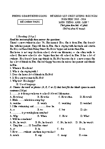 Đề khảo sát chất lượng đầu năm môn Tiếng Anh Lớp 7 - Năm học 2013-2014 - Phòng GD&ĐT Bình Giang (Có đáp án)