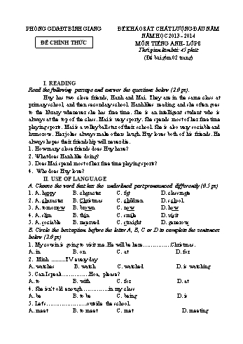 Đề khảo sát chất lượng đầu năm môn Tiếng Anh Lớp 8 - Năm học 2013-2014 - Phòng GD&ĐT Bình Giang (Có đáp án)
