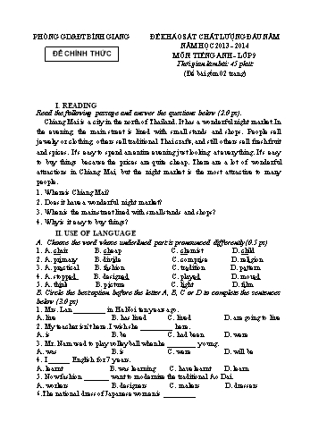 Đề khảo sát chất lượng đầu năm môn Tiếng Anh Lớp 9 - Năm học 2013-2014 - Phòng GD&ĐT Bình Giang (Có đáp án)