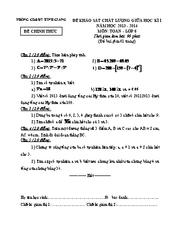 Đề khảo sát chất lượng giữa học kì I môn Toán Lớp 6 - Năm học 2013-2014 - Phòng GD&ĐT Bình Giang (Có đáp án)
