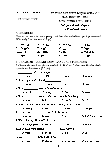 Đề khảo sát chất lượng giữa kì 2 môn Tiếng Anh Lớp 6 - Năm học 2013-2014 - Phòng GD&ĐT Bình Giang (Có đáp án)