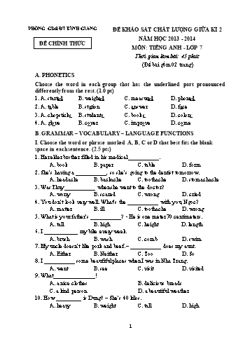 Đề khảo sát chất lượng giữa kì 2 môn Tiếng Anh Lớp 7 - Năm học 2013-2014 - Phòng GD&ĐT Bình Giang (Có đáp án)