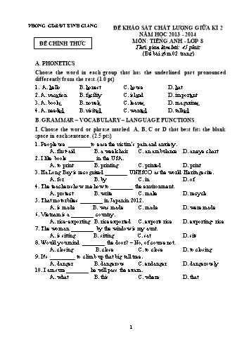 Đề khảo sát chất lượng giữa kì 2 môn Tiếng Anh Lớp 8 - Năm học 2013-2014 - Phòng GD&ĐT Bình Giang (Có đáp án)