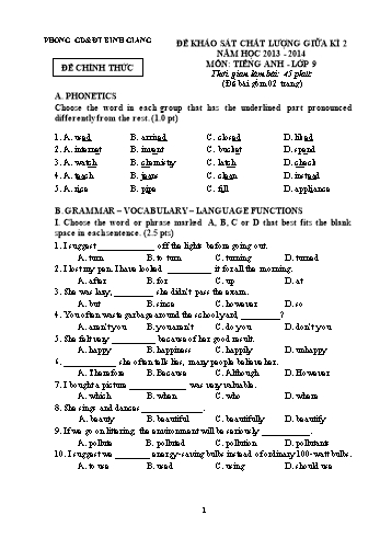 Đề khảo sát chất lượng giữa kì 2 môn Tiếng Anh Lớp 9 - Năm học 2013-2014 - Phòng GD&ĐT Bình Giang (Có đáp án)