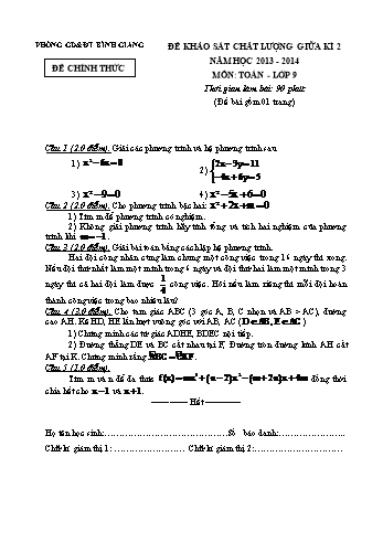 Đề khảo sát chất lượng giữa kì 2 môn Toán Lớp 9 - Năm học 2013-2014 - Phòng GD&ĐT Bình Giang (Có đáp án)