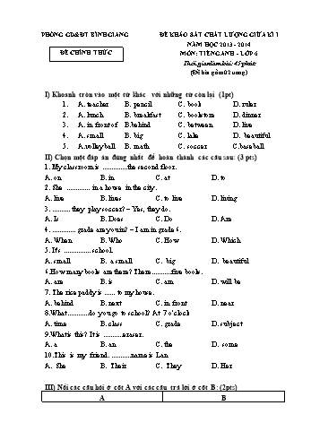 Đề khảo sát chất lượng giữa kì I môn Tiếng Anh Lớp 6 - Năm học 2013-2014 - Phòng GD&ĐT Bình Giang