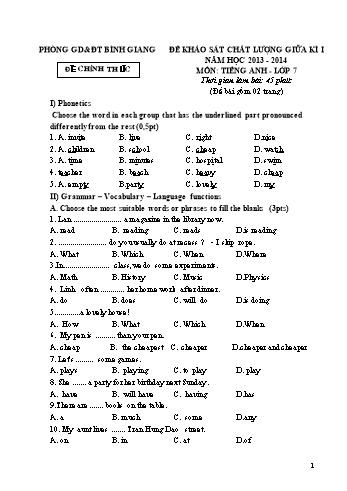 Đề khảo sát chất lượng giữa kì I môn Tiếng Anh Lớp 7 - Năm học 2013-2014 - Phòng GD&ĐT Bình Giang (Có đáp án)
