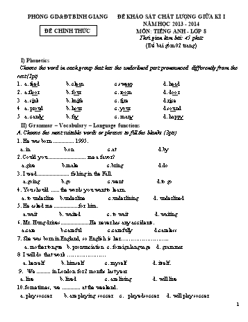 Đề khảo sát chất lượng giữa kì I môn Tiếng Anh Lớp 8 - Năm học 2013-2014 - Phòng GD&ĐT Bình Giang (Có đáp án)