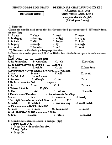 Đề khảo sát chất lượng giữa kì I môn Tiếng Anh Lớp 9 - Năm học 2013-2014 - Phòng GD&ĐT Bình Giang (Có đáp án)