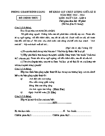 Đề khảo sát chất lượng giữa kì II môn Ngữ văn Lớp 6 - Năm học 2013-2014 - Phòng GD&ĐT Bình Giang (Có đáp án)