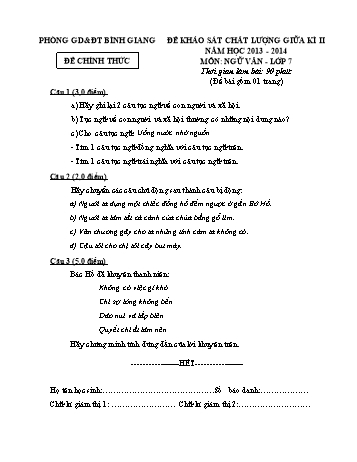 Đề khảo sát chất lượng giữa kì II môn Ngữ văn Lớp 7 - Năm học 2013-2014 - Phòng GD&ĐT Bình Giang (Có đáp án)