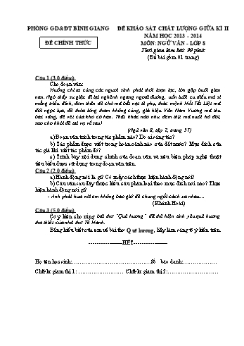 Đề khảo sát chất lượng giữa kì II môn Ngữ văn Lớp 8 - Năm học 2013-2014 - Phòng GD&ĐT Bình Giang (Có đáp án)