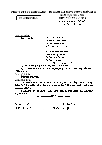 Đề khảo sát chất lượng giữa kì II môn Ngữ văn Lớp 9 - Năm học 2013-2014 - Phòng GD&ĐT Bình Giang (Có đáp án)