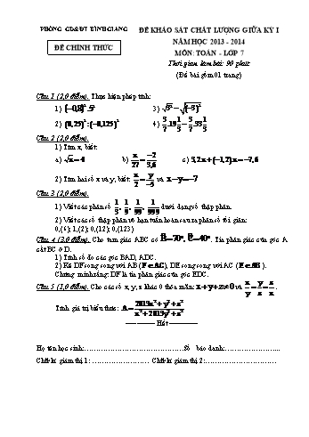 Đề khảo sát chất lượng giữa kỳ I môn Toán Lớp 7 - Năm học 2013-2014 - Phòng GD&ĐT Bình Giang (Có đáp án)