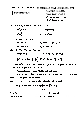 Đề khảo sát chất lượng giữa kỳ I môn Toán Lớp 8 - Năm học 2013-2014 - Phòng GD&ĐT Bình Giang (Có đáp án)
