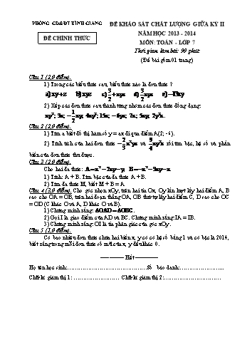 Đề khảo sát chất lượng giữa kỳ II môn Toán Lớp 7 - Năm học 2013-2014 - Phòng GD&ĐT Bình Giang (Có đáp án)