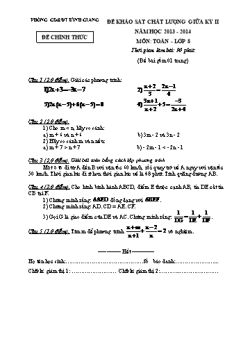 Đề khảo sát chất lượng giữa kỳ II môn Toán Lớp 8 - Năm học 2013-2014 - Phòng GD&ĐT Bình Giang (Có đáp án)