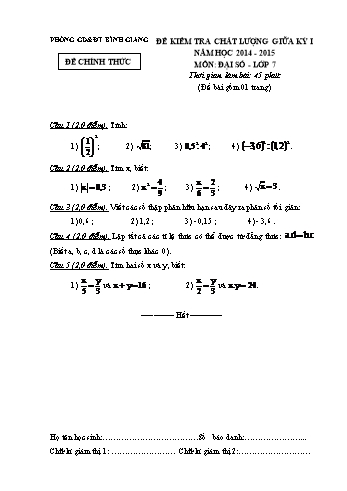 Đề kiểm tra chất lượng giữa học kỳ I môn Đại số Lớp 7 - Năm học 2014-2015 - Phòng GD&ĐT Bình Giang (Có đáp án)