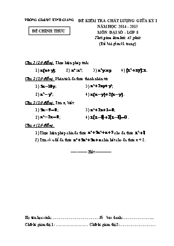 Đề kiểm tra chất lượng giữa học kỳ I môn Đại số Lớp 8 - Năm học 2014-2015 - Phòng GD&ĐT Bình Giang (Có đáp án)