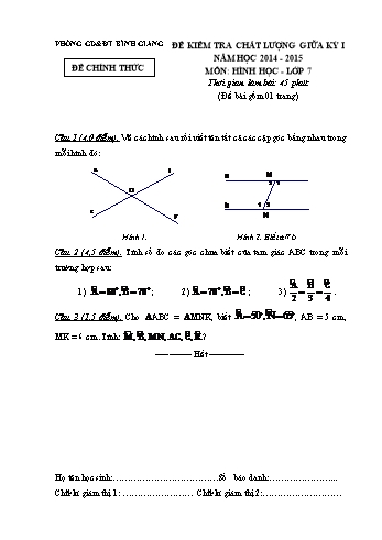 Đề kiểm tra chất lượng giữa học kỳ I môn Hình học Lớp 7 - Năm học 2014-2015 - Phòng GD&ĐT Bình Giang (Có đáp án)