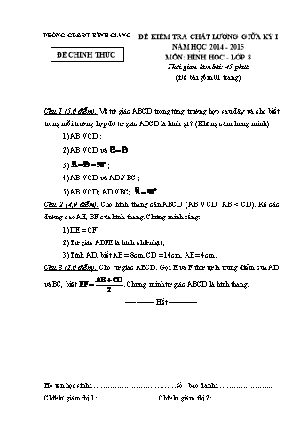 Đề kiểm tra chất lượng giữa học kỳ I môn Hình học Lớp 8 - Năm học 2014-2015 - Phòng GD&ĐT Bình Giang (Có đáp án)