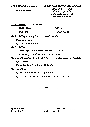 Đề kiểm tra chất lượng giữa học kỳ I môn Toán Lớp 6 - Năm học 2014-2015 - Phòng GD&ĐT Bình Giang (Có đáp án)