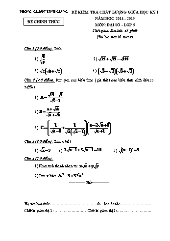 Đề kiểm tra chất lượng giữa học kỳ I môn Toán Lớp 9 - Năm học 2014-2015 - Phòng GD&ĐT Bình Giang (Có đáp án)