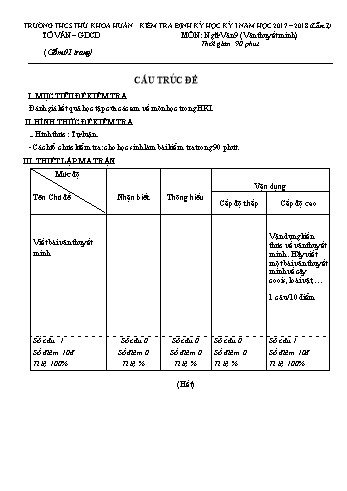 Đề kiểm tra định kỳ học kỳ I lần 1 môn Ngữ văn 9 (Văn thuyết minh) - Năm học 2017-2018 - Trường THCS Thủ Khoa Huân - Đề dự bị (Có đáp án)