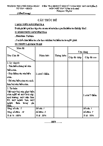 Đề kiểm tra định kỳ học kỳ I lần 2 môn Ngữ văn Lớp 7 (Văn biểu cảm) - Năm học 2017-2018 - Trường THCS Thủ Khoa Huân - Đề dự bị (Có đáp án)