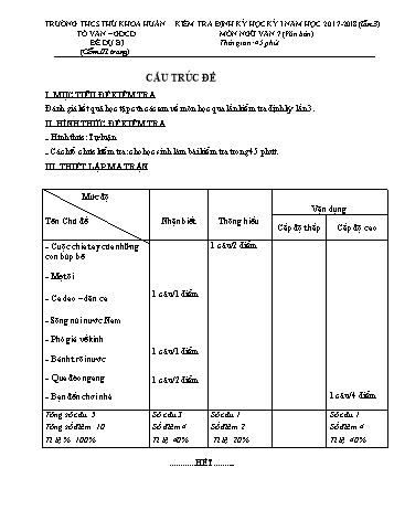 Đề kiểm tra định kỳ học kỳ I lần 3 môn Ngữ văn Lớp 7 (Văn bản) - Năm học 2017-2018 - Trường THCS Thủ Khoa Huân - Đề dự bị (Có đáp án)