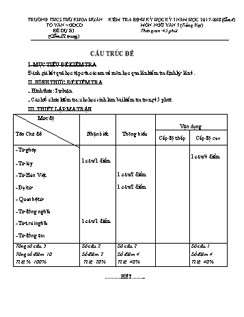 Đề kiểm tra định kỳ học kỳ I lần 4 môn Ngữ văn Lớp 7 (Tiếng Việt) - Năm học 2017-2018 - Trường THCS Thủ Khoa Huân - Đề dự bị (Có đáp án)