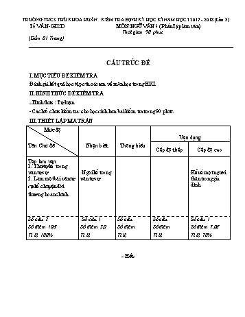 Đề kiểm tra định kỳ học kỳ I lần 5 môn Ngữ văn Lớp 6 (Phần Tập làm văn) - Năm học 2017-2018 - Trường THCS Thủ Khoa Huân (Có đáp án)