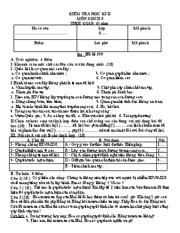 Đề kiểm tra học kì II môn Giáo dục công dân Lớp 8 - Năm học 2019-2020 - Mã đề 209 (Có đáp án)