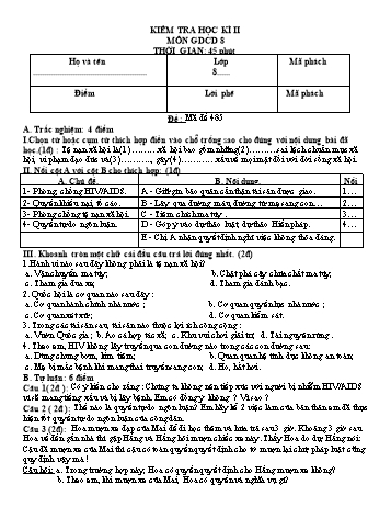 Đề kiểm tra học kì II môn Giáo dục công dân Lớp 8 - Năm học 2019-2020 - Mã đề 485(Có đáp án)