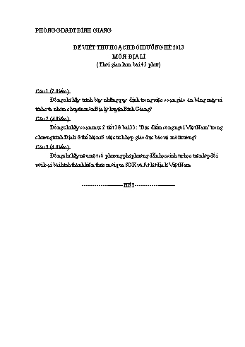Đề viết thu hoạch bồi dưỡng hè 2013 môn Địa lí - Phòng GD&ĐT Bình Giang (Có đáp án)