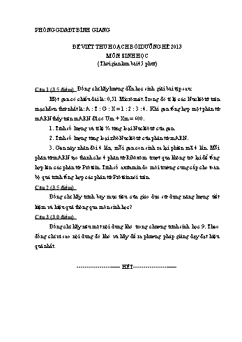 Đề viết thu hoạch bồi dưỡng hè 2013 môn Sinh học - Phòng GD&ĐT Bình Giang (Có đáp án)