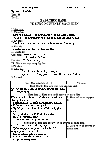 Giáo án môn Công nghệ Lớp 8 - Tuần 33, Tiết 51, Bài 56: Thực hành: Vẽ sơ đồ nguyên lý mạch điện - Năm học 2017-2018 - Nguyễn Hoàng Hoanh