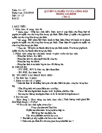 Giáo án môn Giáo dục công dân Lớp 8 - Tuần 16, Tiết 61: Tiết 16+17, Bài 12: Quyền và nghĩa vụ của công dân trong gia đình