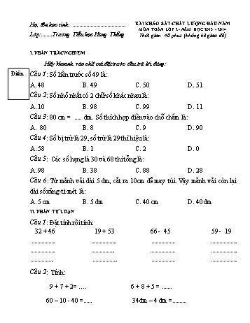 Bài khảo sát chất lượng đầu năm môn Toán Lớp 2 - Năm học 2013-2014 - Trường Tiểu học Hùng Thắng