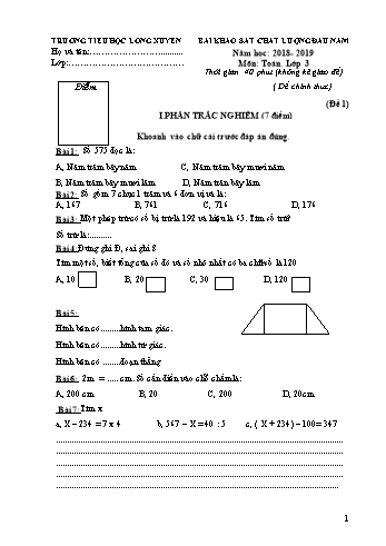 Bài khảo sát chất lượng đầu năm môn Toán Lớp 3 - Năm học 2018-2019 - Trường Tiểu học Long Xuyên (Có đáp án)
