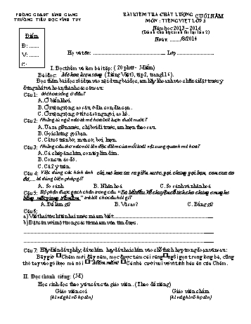 Bài kiểm tra chất lượng cuối năm môn Tiếng Việt Lớp 3 (Dành cho học sinh thi lại lần 2) - Năm học 2013-2014  - Trường Tiểu học Vĩnh Tuy (Có đáp án)