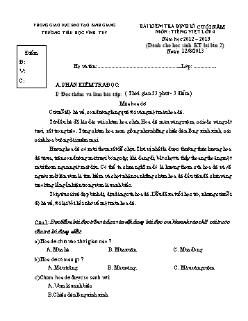 Bài kiểm tra chất lượng cuối năm môn Tiếng Việt Lớp 4 (Dành cho học sinh kiểm tra lại lần 2) - Năm học 2012-2013 - Trường Tiểu học Vĩnh Tuy (Có đáp án)