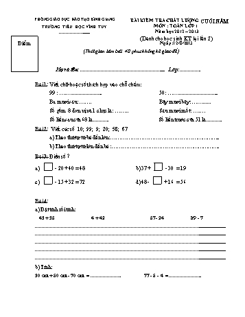 Bài kiểm tra chất lượng cuối năm môn Toán Lớp 1 (Dành cho học sinh kiểm tra lại lần 2) - Năm học 2012-2013 - Trường Tiểu học Vĩnh Tuy (Có đáp án)